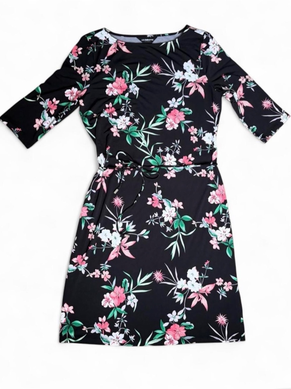 Liz Claiborne Career women’s lightweight black dress with florals. Sz. Medium.